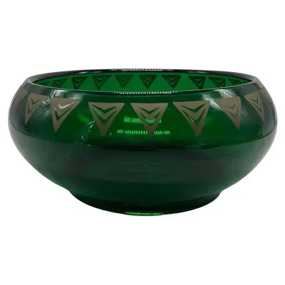 Dalzell Viking Bowl Epic Line Vintage Green Glass Geometric Gold Triangles MCM